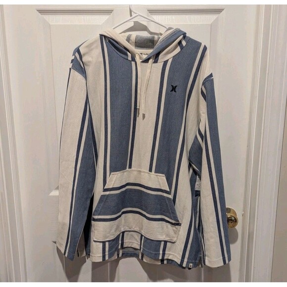 Hurley Men's Size Large OG Hooded Poncho - Barely Bone Blue & Cream Striped - Picture 3 of 9